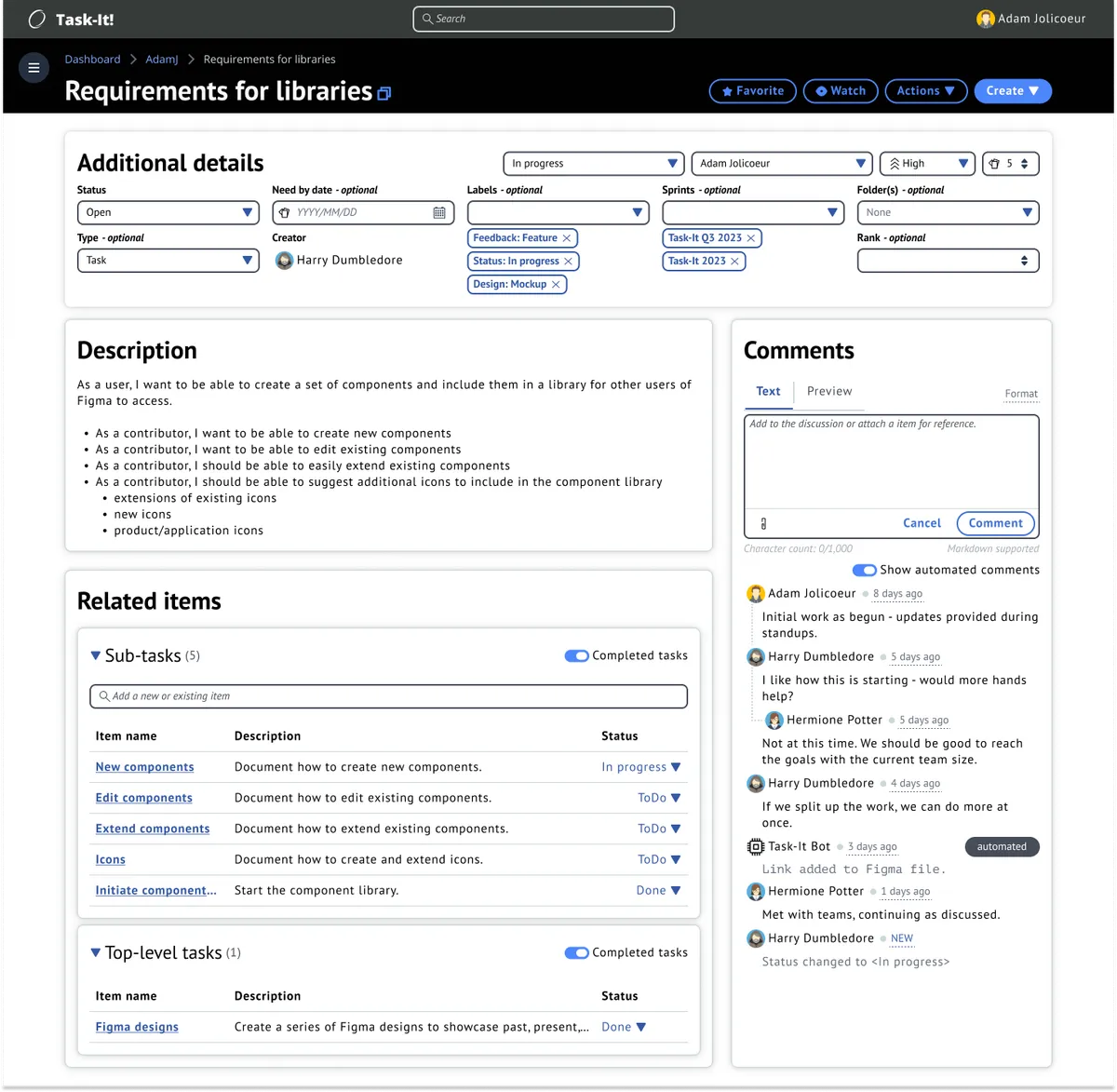 Image of the first version of the task details mockup